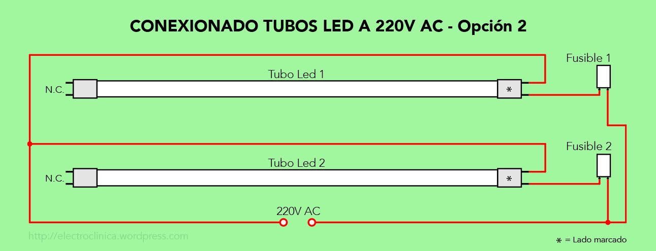 Esquema de conexión de tubos Led, alimentación por un extremo