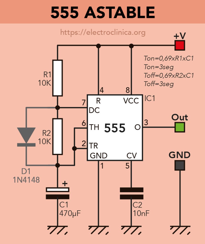 Esquema de 555 en configuración astable